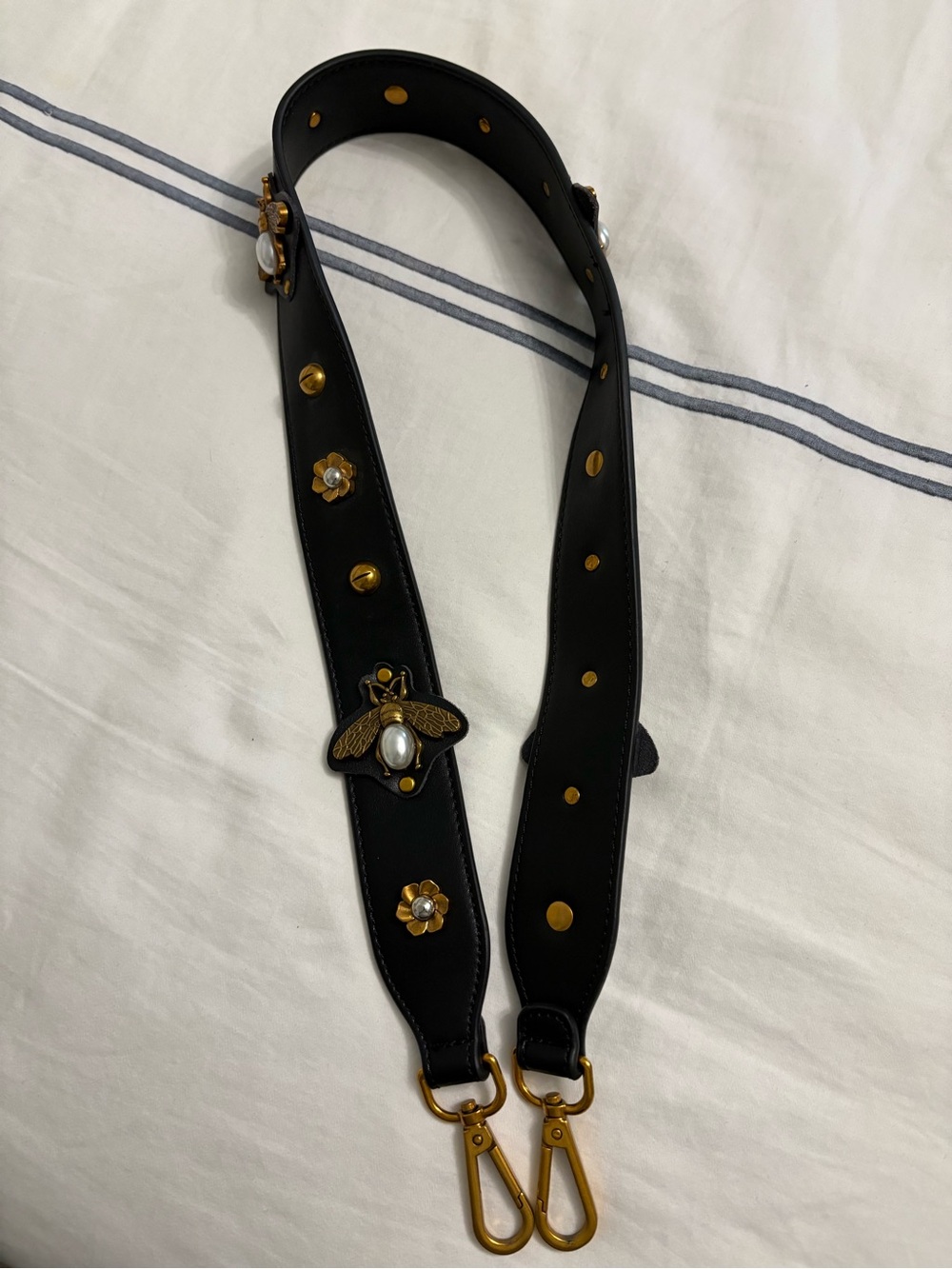 Black Leather Decorative Bag Strap with Gold Bee Accents